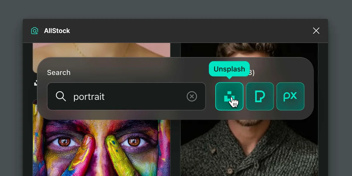 Detail view of the AllStock search bar. The value of search input is "portrait," and the the user is hovering over a button with the Unsplash logo