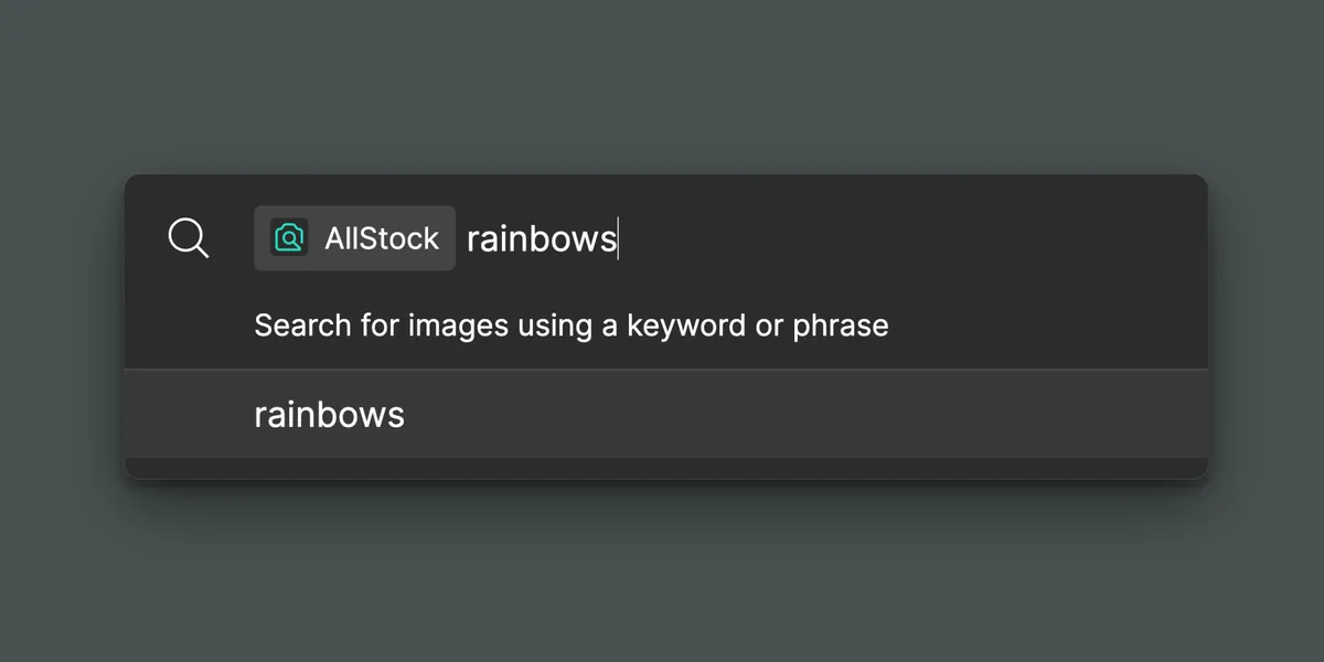 The Figma quick actions menu being used to search a plugin called AllStock for images of rainbows
